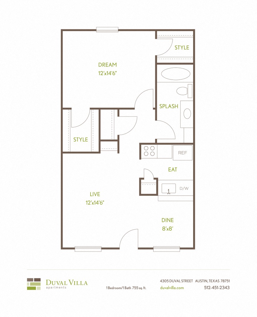 Floor plan for 1 bed, 1 bath, 755 sqft